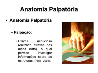 Anatomia Palpatória
• Anatomia Palpatória
– Palpação:
• Exame minucioso
realizado através das
mãos (tato), o qual
permite investigar
informações sobre as
estruturas. (Field, 2001).
 