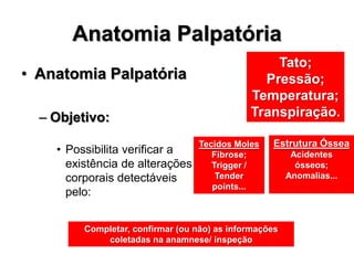 Anatomia Palpatória
• Anatomia Palpatória
– Objetivo:
• Possibilita verificar a
existência de alterações
corporais detectáveis
pelo:
Tato;
Pressão;
Temperatura;
Transpiração.
Tecidos Moles
Fibrose;
Trigger /
Tender
points...
Estrutura Óssea
Acidentes
ósseos;
Anomalias...
Completar, confirmar (ou não) as informações
coletadas na anamnese/ inspeção
 