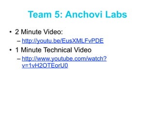 Team 5: Anchovi Labs
• 2 Minute Video:
  – http://youtu.be/EusXMLFvPDE
• 1 Minute Technical Video
  – http://www.youtube.com/watch?
    v=1vH2OTEorU0
 
