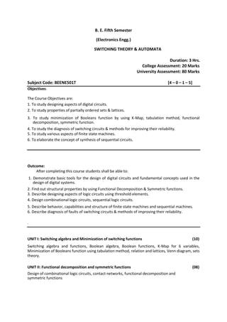 B. E. Fifth Semester
(Electronics Engg.)
SWITCHING THEORY & AUTOMATA
Duration: 3 Hrs.
College Assessment: 20 Marks
University Assessment: 80 Marks
Subject Code: BEENE501T [4 – 0 – 1 – 5]
Objectives:
The Course Objectives are:
1. To study designing aspects of digital circuits.
2. To study properties of partially ordered sets & lattices.
3. To study minimization of Booleans function by using K-Map, tabulation method, functional
decomposition, symmetric function.
4. To study the diagnosis of switching circuits & methods for improving their reliability.
5. To study various aspects of finite state machines.
6. To elaborate the concept of synthesis of sequential circuits.
Outcome:
After completing this course students shall be able to:
1. Demonstrate basic tools for the design of digital circuits and fundamental concepts used in the
design of digital systems.
2. Find out structural properties by using Functional Decomposition & Symmetric functions.
3. Describe designing aspects of logic circuits using threshold elements.
4. Design combinational logic circuits, sequential logic circuits.
5. Describe behavior, capabilities and structure of finite state machines and sequential machines.
6. Describe diagnosis of faults of switching circuits & methods of improving their reliability.
.
UNIT I: Switching algebra and Minimization of switching functions (10)
Switching algebra and functions, Boolean algebra, Boolean functions, K-Map for 6 variables,
Minimization of Booleans function using tabulation method, relation and lattices, Venn diagram, sets
theory.
UNIT II: Functional decomposition and symmetric functions (08)
Design of combinational logic circuits, contact networks, functional decomposition and
symmetric functions
 