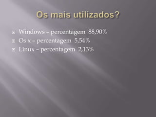  Windows – percentagem 88,90%
 Os x – percentagem 5,54%
 Linux – percentagem 2,13%
 