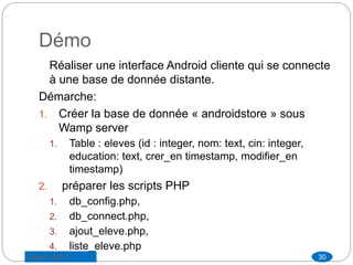 Démo
Réaliser une interface Android cliente qui se connecte
à une base de donnée distante.
Démarche:
1. Créer la base de donnée « androidstore » sous
Wamp server
1. Table : eleves (id : integer, nom: text, cin: integer,
education: text, crer_en timestamp, modifier_en
timestamp)
2. préparer les scripts PHP
1. db_config.php,
2. db_connect.php,
3. ajout_eleve.php,
4. liste_eleve.php
30Saber LAJILI
 