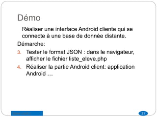 Démo
Réaliser une interface Android cliente qui se
connecte à une base de donnée distante.
Démarche:
3. Tester le format JSON : dans le navigateur,
afficher le fichier liste_eleve.php
4. Réaliser la partie Android client: application
Android …
31Saber LAJILI
 