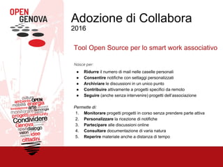 Adozione di Collabora
2016
Tool Open Source per lo smart work associativo
Nasce per:
● Ridurre il numero di mail nelle caselle personali
● Consentire notifiche con settaggi personalizzati
● Archiviare le discussioni in un unico punto
● Contribuire attivamente a progetti specifici da remoto
● Seguire (anche senza intervenire) progetti dell’associazione
Permette di:
1. Monitorare progetti progetti in corso senza prendere parte attiva
2. Personalizzare la ricezione di notifiche
3. Partecipare alle discussioni online
4. Consultare documentazione di varia natura
5. Reperire materiale anche a distanza di tempo
 