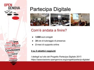 Partecipa Digitale
Com’è andata a finire?
● 3.880 euro erogati
● 24 ore di tutoraggio di presenza
● 2 mesi di supporto online
4 su 5 obiettivi raggiunti
I dettagli sul sito del Progetto Partecipa Digitale 2017:
https://associazione.opengenova.org/progetti/partecip-digitale/
 