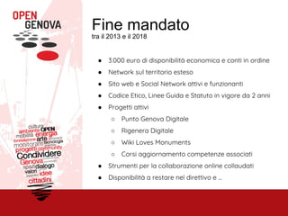 Fine mandato
tra il 2013 e il 2018
● 3.000 euro di disponibilità economica e conti in ordine
● Network sul territorio esteso
● Sito web e Social Network attivi e funzionanti
● Codice Etico, Linee Guida e Statuto in vigore da 2 anni
● Progetti attivi
○ Punto Genova Digitale
○ Rigenera Digitale
○ Wiki Loves Monuments
○ Corsi aggiornamento competenze associati
● Strumenti per la collaborazione online collaudati
● Disponibilità a restare nel direttivo e ...
 