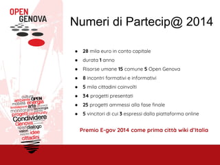 Numeri di Partecip@ 2014
● 28 mila euro in conto capitale
● durata 1 anno
● Risorse umane 15 comune 5 Open Genova
● 8 incontri formativi e informativi
● 5 mila cittadini coinvolti
● 34 progetti presentati
● 25 progetti ammessi alla fase finale
● 5 vincitori di cui 3 espressi dalla piattaforma online
Premio E-gov 2014 come prima città wiki d’Italia
 