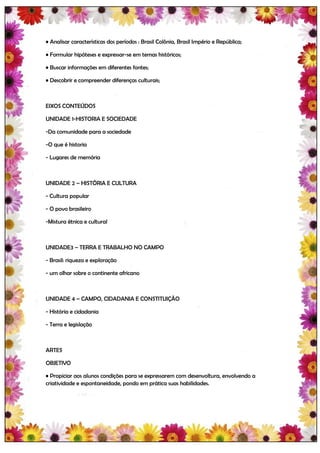 • Analisar características dos períodos : Brasil Colônia, Brasil Império e República;

• Formular hipóteses e expressar-se em temas históricos;

• Buscar informações em diferentes fontes;

• Descobrir e compreender diferenças culturais;



EIXOS CONTEÚDOS

UNIDADE 1-HISTORIA E SOCIEDADE

-Da comunidade para a sociedade

-O que é historia

- Lugares de memória



UNIDADE 2 – HISTÓRIA E CULTURA

- Cultura popular

- O povo brasileiro

-Mistura étnica e cultural



UNIDADE3 – TERRA E TRABALHO NO CAMPO

- Brasil: riqueza e exploração

- um olhar sobre o continente africano



UNIDADE 4 – CAMPO, CIDADANIA E CONSTITUIÇÃO

- História e cidadania

- Terra e legislação



ARTES

OBJETIVO

• Propiciar aos alunos condições para se expressarem com desenvoltura, envolvendo a
criatividade e espontaneidade, pondo em prática suas habilidades.
 