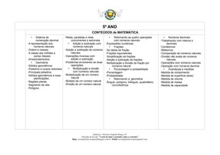 5º ANO
CONTEÚDOS de MATEMÁTICA
• Sistema de
numeração decimal.
◦A representação dos
números naturais.
◦Ordem e classes
◦A classe dos milhões e
outras classes.
◦Arredondamentos.
• Geometria
◦Sólidos geométricos
◦Poliedros e corpos redondos
◦Principais poliedros
◦Sólidos geométricos e suas
planificações.
◦Regiões planas.
◦Segmento de reta
◦Polígono
◦Retas, paralelas e retas
concorrentes e semirreta.
• Adição e subtração com
números naturais
◦Adição e subtração de números
naturais.
◦Operações inversas com
adição e subtração.
◦Problemas envolvendo as duas
operações
• Multiplicação e divisão
com números naturais.
◦Multiplicação de um número
natural
◦Múltiplo de um número natural
◦Divisão de um número natural.
• Retomando as quatro operações
com números naturais.
◦Expressões numéricas
• Frações
◦As ideias de fração.
◦Frações equivalentes
◦Simplificação de frações
◦Adição e subtração de frações.
◦Multiplicação e divisão de fração por
números natural
• Porcentagem e probabilidade
◦Porcentagem
◦Probabilidade
• Retomando a geometria
◦Ângulo, polígono, triângulo, quadrilátero,
circunferência.
• Números decimais
◦Trabalhando com inteiros e
decimais
◦Centésimos
◦Milésimos
◦Comparação de números naturais
◦Divisão não exata de números
naturais.
◦Operações com números naturais
◦Operação com números decimal
• Grandezas e medidas
◦Medida de comprimento
◦Medida de superfície (área)
◦Medida de volume
◦Medida de massa
◦Medida de capacidade
Endereço: Travessa Joaquim Braga s/n°
Filosofia da Escola: “A arte de amar o próximo como a si mesmo”
Blog: escolaprfranciscopaz@blogspot.com.br /Email: escolaprfranciscopaz@gmail.com
 
