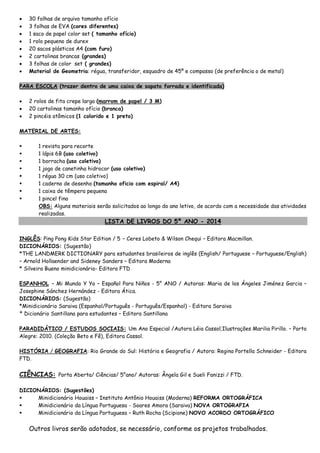 








30 folhas de arquivo tamanho ofício
3 folhas de EVA (cores diferentes)
1 saco de papel color set ( tamanho ofício)
1 rolo pequeno de durex
20 sacos plásticos A4 (com furo)
2 cartolinas brancas (grandes)
3 folhas de color set ( grandes)
Material de Geometria: régua, transferidor, esquadro de 45º e compasso (de preferência o de metal)

PARA ESCOLA (trazer dentro de uma caixa de sapato forrada e identificada)




2 rolos de fita crepe larga (marrom de papel / 3 M)
20 cartolinas tamanho ofício (branca)
2 pincéis atômicos (1 colorido e 1 preto)

MATERIAL DE ARTES:









1 revista para recorte
1 lápis 6B (uso coletivo)
1 borracha (uso coletivo)
1 jogo de canetinha hidrocor (uso coletivo)
1 régua 30 cm (uso coletivo)
1 caderno de desenho (tamanho oficio com espiral/ A4)
1 caixa de têmpera pequena
1 pincel fino
OBS: Alguns materiais serão solicitados ao longo do ano letivo, de acordo com a necessidade das atividades
realizadas.

LISTA DE LIVROS DO 5º ANO - 2014

INGLÊS: Ping Pong Kids Star Edition / 5 – Ceres Lobeto & Wilson Chequi – Editora Macmillan.
DICIONÁRIOS: (Sugestão)
*THE LANDMERK DICTIONARY para estudantes brasileiros de inglês (English/ Portuguese – Portuguese/English)
– Arnold Hollaender and Sideney Sanders – Editora Moderna
* Silveira Bueno minidicionário- Editora FTD
ESPANHOL – Mi Mundo Y Yo – Español Para Niños - 5° ANO / Autoras: Maria de los Ángeles Jiménez Garcia –
Josephine Sánchez Hernández - Editora Ática.
DICIONÁRIOS: (Sugestão)
*Minidicionário Saraiva (Espanhol/Português - Português/Espanhol) - Editora Saraiva
* Dicionário Santillana para estudantes – Editora Santillana
PARADIDÁTICO / ESTUDOS SOCIAIS: Um Ano Especial /Autora Léia Cassol;Ilustrações Marilia Pirillo. – Porto
Alegre: 2010. (Coleção Beto e Fê), Editora Cassol.
HISTÓRIA / GEOGRAFIA: Rio Grande do Sul: História e Geografia / Autora: Regina Portella Schneider - Editora
FTD.

CIÊNCIAS: Porta Aberta/ Ciências/ 5°ano/ Autoras: Ângela Gil e Sueli Fanizzi / FTD.
DICIONÁRIOS: (Sugestões)

Minidicionário Houaiss – Instituto Antônio Houaiss (Moderna) REFORMA ORTOGRÁFICA

Minidicionário da Língua Portuguesa - Soares Amora (Saraiva) NOVA ORTOGRAFIA

Minidicionário da Língua Portuguesa – Ruth Rocha (Scipione) NOVO ACORDO ORTOGRÁFICO

Outros livros serão adotados, se necessário, conforme os projetos trabalhados.

 