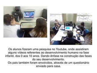 Os alunos fizeram uma pesquisa no Youtube, onde assistiram
alguns vídeos referentes ao desenvolvimento humano na fase
infantil, dos 0 aos 10 anos. Dando ênfase na construção das fases
do seu desenvolvimento.
Os pais também foram envolvidos, através de um questionário
enviado para casa.
 