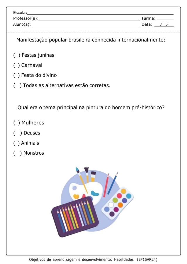 ATIVIDADE DE ARTE PARA O 5º ANO DO Ensino Fundamental | DOCX | Education