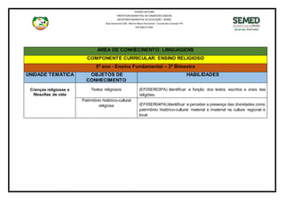 ÁREA DE CONHECINENTO: LINGUAGENS
COMPONENTE CURRICULAR: ENSINO RELIGIOSO
5º ano - Ensino Fundamental – 3º Bimestre
UNIDADE TEMÁTICA OBJETOS DE
CONHECIMENTO
HABILIDADES
Crenças religiosas e
filosofias de vida
Textos religiosos (EF05ER03PA) Identificar a função dos textos escritos e orais das
religiões.
Patrimônio histórico-cultural
religiosa (EF05ER04PA) Identificar e perceber a presença das divindades como
patrimônio histórico-cultural material e imaterial na cultura regional e
local
ESTADO DO PARÁ
PREFEITURA MUNICIPAL DECANAÃDOS CARAJÁS
SECRETARIAMUNICIPAL DEEDUCAÇÃO –SEMED
Rua Itamarati S/N –Bairro Novo Horizonte -Canaã dos Carajás-PA
CEP 68537-000
 