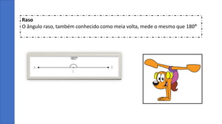 Raso
O ângulo raso, também conhecido como meia volta, mede o mesmo que 180º
 