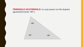 TRIÂNGULO ACUTÂNGULO: é o que possui os três ângulos
agudos(formando 180°).
<90°
<90°
<90°
 
