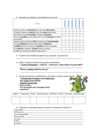 2- Classifica as palavras, assinalando com uma X.
Frases
Sinónimas
Antónimas
Homónimas
Homófonas
Homógrafas
Parónimas
Entrei na sala com discrição. Fiz uma bela descrição!
A cadeira estava no canto da sala. Eu canto muito bem!
Este filme é muito divertido. O rapaz é animado.
Dei um conselho ao meu filho que vive no concelho de Viana
do Castelo.
Aquele rapaz está muito feliz! A menina está desanimada.
Eu pedi dispensa da aula. Hoje enchi a despensa.
O público estava ao rubro. Eu publico um livro amanhã.
Eu comecei o trabalho. Acabei ontem os testes.
Eu rio-me sem parar. O rio tem água doce.
3- Constrói uma família de palavras de “garrafa”. (6 palavras)
___________________________________________________________________________________________
4- Indica a função sintática dos grupos sublinhados.
“- Ó meu Parlapatão, / anda lá, / mete-me a mim dentro do garrafão!”
________________________________________________________________________________________
“Meteu a cabeça debaixo da asa”
_______________________________________________________________________________________
5- Atenta nas palavras sublinhadas e preenche o quadro apresentado.
“A bicharada já andava toda admirada,
mas muito desconfiada
daquela mentirada.
Um Crocodilo,
a rir-se daquilo que o Papagaio dizia,
comentou:”
Adjetiv
o
Preposição Nome Determinante Advérbio Verbo Pronome Quantificador
6- Classifica as seguintes palavras quanto à formação de palavras.
a) garrafão: _________________________________________________________________________________
b) frascaria: _________________________________________________________________________________
c) envergonhado: __________________________________________________________________________
d) insensato: ________________________________________________________________________________
e) zzzzz: _____________________________________________________________________________________
f) PSP: _______________________________________________________________________________________
g) infeliz: ____________________________________________________________________________________
 