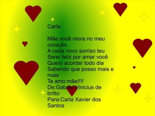 Carla

Mãe,você mora no meu
coração
A cada novo sorriso teu
Serei feliz por amar você
Quero acordar todo dia
Sabendo que posso mais e
mais
Te amo mãe!!!!
De:Gabriel Vinicius de
britto
Para:Carla Xavier dos
Santos
 