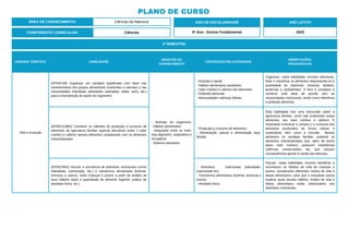 PLANO DE CURSO
ÁREA DE CONHECIMENTO: Ciências da Natureza
2º BIMESTRE:
COMPONENTE CURRICULAR: Ciências
ANO DE ESCOLARIDADE
5º Ano - Ensino Fundamental
ANO LETIVO
2023
UNIDADE TEMÁTICA HABILIDADE
OBJETOS DO
CONHECIMENTO
CONTEÚDOS RELACIONADOS
ORIENTAÇÕES
PEDAGÓGICAS
Vida e evolução
(EF05CI08) Organizar um cardápio equilibrado com base nas
características dos grupos alimentares (nutrientes e calorias) e nas
necessidades individuais (atividades realizadas, idade, sexo, etc.)
para a manutenção da saúde do organismo.
- Nutrição do organismo.
- Hábitos alimentares.
- Integração entre os siste-
mas digestório, respiratório e
circulatório.
- Sistema reprodutor.
- Nutrição e saúde.
- Hábitos alimentares saudáveis.
- Valor nutritivo e calórico dos alimentos.
- Pirâmide alimentar.
- Necessidades calóricas diárias.
Organizar, nesta habilidade, envolve selecionar,
listar e classificar os alimentos relacionando-os à
quantidade de vitaminas, minerais, lipídeos,
proteínas e carboidratos. O foco é comparar e
construir uma dieta de acordo com as
necessidades nutricionais, tendo como referência
a pirâmide alimentar.
(EF05CI13MG) Conhecer os métodos de produção e consumo de
alimentos da agricultura familiar regional discutindo sobre o valor
nutritivo e calórico desses alimentos comparando com os alimentos
industrializados.
- Produção e consumo de alimentos.
- Alimentação natural e alimentação equi-
librada.
Esta habilidade traz uma discussão sobre a
agricultura familiar, como são produzidos esses
alimentos, seu valor nutritivo e calórico. É
importante incentivar a compra e o consumo dos
alimentos produzidos de forma natural e
sustentável, bem como a inclusão desses
alimentos no cardápio familiar, evitando os
alimentos industrializados que, além de terem
baixo valor nutritivo, possuem substâncias
calóricas, conservantes, etc, que causam
consequências graves à saúde das pessoas.
(EF05CI09X) Discutir a ocorrência de distúrbios nutricionais (como
obesidade, subnutrição, etc.) e transtornos alimentares (bulimia,
anorexia e outros), entre crianças e jovens a partir da análise de
seus hábitos (tipos e quantidade de alimento ingerido, prática de
atividade física, etc.).
- Distúrbios nutricionais (obesidade,
subnutrição etc).
- Transtornos alimentares (bulimia, anorexia e
outros).
- Atividade física.
Discutir, nesta habilidade, envolve identificar e
reconhecer os hábitos de vida de crianças e
jovens, comparando diferentes modos de vida e
dietas alimentares, para que o estudante possa
explicar quais desses hábitos, modos de vida e
dietas alimentares estão relacionados aos
distúrbios nutricionais.
 