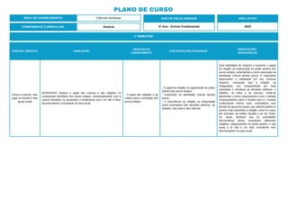 PLANO DE CURSO
ÁREA DE CONHECIMENTO: Ciências Humanas
1º BIMESTRE:
COMPONENTE CURRICULAR: História
ANO DE ESCOLARIDADE
5º Ano - Ensino Fundamental
ANO LETIVO
2023
UNIDADE TEMÁTICA HABILIDADE
OBJETOS DO
CONHECIMENTO
CONTEÚDOS RELACIONADOS
ORIENTAÇÕES
PEDAGÓGICAS
Povos e culturas: meu
lugar no mundo e meu
grupo social
(EF05HI03X) Analisar o papel das culturas e das religiões na
composição identitária dos povos antigos, contextualizando com a
cultura brasileira na atualidade e enfatizando que a fé não é fator
discriminatório e excludente na vida social.
- O papel das religiões e da
cultura para a formação dos
povos antigos.
- O papel da religião na organização do poder
político dos povos antigos.
- Expressão da identidade cultural desses
povos.
- A importância da religião na Antiguidade
como orientadora das decisões políticas, do
trabalho, das artes e das ciências.
Esta habilidade diz respeito a examinar o papel
da religião na organização do poder político dos
povos antigos, entendendo-a como expressão da
identidade cultural desses povos. É importante
desenvolver a habilidade em seu contexto
histórico, mostrando que a religião, na
Antiguidade, era compartilhada por toda
sociedade e orientava as decisões políticas, o
trabalho, as artes e as ciências. Pode-se
aprofundar o tema relacionando-o com o debate
contemporâneo sobre o Estado laico e o Estado
confessional. Nesse caso, exemplificar com
formas de governos atuais cujo sistema político e
jurídico está submetido à religião, como é o caso,
por exemplo, da Arábia Saudita e do Irã. Pode-
se, ainda, destacar que as sociedades
democráticas atuais comportam diferentes
religiões, independentes do poder político, e nas
quais a fé não é um fator excludente nem
discriminatório na vida social.
 
