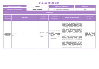 ÁREA DE CONHECIMENTO: Linguagens
PLANO DE CURSO
COMPONENTE CURRICULAR: Língua Portuguesa
ANO LETIVO
2024
1º BIMESTRE
ANO DE ESCOLARIDADE
5º Ano - Ensino Fundamental
PRÁTICAS DE
LINGUAGENS
HABILIDADE
OBJETOS DO
CONHECIMENTO
CONTEÚDOS
RELACIONADOS
ORIENTAÇÕES PEDAGÓGICAS
DESCRITORES
DO SAEB
Leitura/Escuta
(compartilhada e
autônoma)
(EF15LP18) Relacionar texto com ilustrações e outros recursos
gráficos.
Formação do leitor
literário.
Leitura multisse-
miótica.
Apreciaçãp de texto
literário.
Leitura e interpretação
de texto multisse-
miótico.
Articulação entre texto
verbal e visual.
Esta é uma habilidade complexa, que envolve o
desenvolvimento das habilidades de leitura como
um todo e as características de gêneros e textos
diversos, incluindo recursos gráficos ou ilustrações.
É especialmente importante na leitura de textos
literários. A formulação da habilidade supõe a
previsão curricular de estratégias didáticas que
progridam do trabalho em colaboração para a
conquista da autonomia. É possível propor
atividades de leitura colaborativa coletiva,
destinadas a modelizar procedimentos de
articulação entre texto verbal e visual, analisando,
inclusive, o projeto gráfico-editorial como um todo.
Propostas de apreciações estéticas e afetivas
colaboram para a percepção, pelo estudante, das
diferentes perspectivas pelas quais uma obra pode
ser vista. A progressão pode basear-se em critérios
como a complexidade do gênero e dos textos
previstos, o tipo de ilustração e/ou recurso gráfico a
ser abordado, a maior ou menor relevância da
ilustração para a compreensão do texto ou o grau
de autonomia do estudante a cada etapa do ensino.
Analisar os efeitos de
sentido de recursos
multisemioticos em
textos que circulam em
diferentes suportes.
 