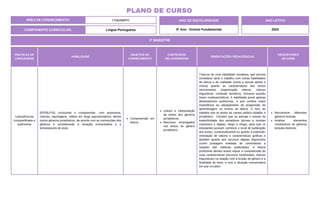 ÁREA DE CONHECIMENTO: Linguagens
PLANO DE CURSO
COMPONENTE CURRICULAR: Língua Portuguesa
ANO LETIVO
2024
2º BIMESTRE
ANO DE ESCOLARIDADE
5º Ano - Ensino Fundamental
PRÁTICAS DE
LINGUAGENS
HABILIDADE
OBJETOS DO
CONHECIMENTO
CONTEÚDOS
RELACIONADOS
ORIENTAÇÕES PEDAGÓGICAS
DESCRITORES
DO SAEB
Leitura/Escuta
(compartilhada e
autônoma)
(EF05LP15) Ler/assistir e compreender, com autonomia,
notícias, reportagens, vídeos em vlogs argumentativos, dentre
outros gêneros jornalísticos, de acordo com as convenções dos
gêneros e considerando a situação comunicativa e o
tema/assunto do texto.
Compreensão em
leitura.
Leitura e interpretação
de textos dos gêneros
jornalísticos.
Recursos empregados
nos textos do gênero
jornalístico.
Trata-se de uma habilidade complexa, que precisa
considerar tanto o trabalho com outras habilidades
de leitura e de oralidade (como a escuta atenta e
crítica) quanto as características dos textos
mencionados (organização interna; marcas
linguísticas; conteúdo temático), inclusive quando
forem multissemióticos. A habilidade prevê apenas
desempenhos autônomos, o que confere maior
importância ao planejamento da progressão da
aprendizagem no ensino da leitura. O foco do
trabalho são os textos do campo político-cidadão e
jornalístico. Convém que se preveja o estudo da
especificidade dos portadores (jornais e revistas
impressos e digitais, blogs e vlogs), para que os
estudantes possam conhecer o local de publicação
dos textos, contextualizando-os quanto à extensão,
orientação de valores e características gráficas e
também quanto aos recursos digitais disponíveis
(como postagem imediata de comentários a
respeito das matérias publicadas). A leitura
proficiente desses textos requer a compreensão de
suas características (recursos multimodais, marcas
linguísticas) na relação com a função do gênero e a
finalidade do texto, e com a situação comunicativa
em que circulam.
Reconhecer diferentes
gêneros textuais.
Analisar elementos
constitutivos de gêneros
textuais diversos.
 