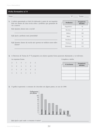 50Livro do Professor
Viva a Matemática!
Nome _________________________________________________________________________ N.° ______ Turma ______
1. A tabela apresentada ao lado foi elaborada a partir de um inquérito
feito aos alunos de uma escola sobre a profissão que gostariam de
vir a exercer.
1.1. Quantos alunos tem a escola?
_______________________________________________________
1.2. Qual a profissão mais pretendida?
_______________________________________________________
1.3. Quantos alunos da escola não querem ser médicos nem enfer-
meiros?
_______________________________________________________
2. A Directora de Turma do 5.° X perguntou aos alunos quantas horas passavam diariamente a ver televisão.
As respostas foram: Completa a tabela:
2 1 3 1 2 2
3 2 4 1 2 1
2 1 3 2 4 2
4 3 2 4 2 1
3. O gráfico representa o consumo de chocolate em alguns países, no ano de 1998.
3.1. Qual o país onde o consumo é maior? ____________________________________________________________
1
2
3
4
5
6
7
8
9
10
Quilogramas
por pessoa
ReinoUnido
Alemanha
EUA
Canadá
França
Itália
Japão
Portugal
Países
Ficha formativa n.° 8
Engenheiro
Mecânico
Médico
Piloto
Bombeiro
Professor
Enfermeiro
81
47
198
52
34
102
112
Profissões
Frequência
absoluta
N.° de horas
Frequência
absoluta
 
