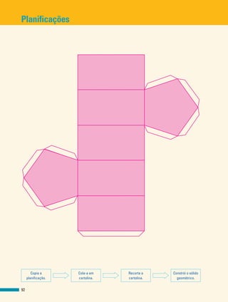 Planificações
92
Copia a
planificação.
Cola-a em
cartolina.
Recorta a
cartolina.
Constrói o sólido
geométrico.
 