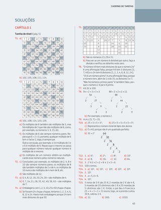 SOLUÇÕES
63
CADERNO DE TAREFAS
SOLUÇÕES
CAPÍTULO 1
Tarefas de nível I (pág. 5)
b) 102, 105, 108, 111, 114.
d) 102, 108, 114, 120, 126.
e) Os múltiplos de 6 também são múltiplos de 3, mas
hámúltiplosde3quenãosãomúltiplosde6,como,
por exemplo, os números 3, 9, 15, etc.
f) Os múltiplos de 6 são sempre números pares. Re-
paraque6=2× 3; portanto, qualquer múltiplo de 6
tem o factor 2, logo, é sempre par.
Outra conclusão, por exemplo: o 3 é múltiplo de 3 e
o 6 é múltiplo de 6. Repara que o mesmo se passa
para qualquer número natural: qualquer número é
múltiplo de si mesmo.
g) Os múltiplos de um número obtêm-se multipli-
cando esse número pelos números naturais.
T2. c) Conclusões: por exemplo, os múltiplos de 2, 4, 8 e
10 são sempre números pares; os múltiplos de 8
são também múltiplos de 2 e de 4; os múltiplos de
10 nunca são múltiplos de 4 nem de 8, etc.
d) São múltiplos de 12.
T3. a) 0, 4, 8, 12, 16, 20, 24, 28 – são múltiplos de 4.
b) 0, 7, 14, 21, 28, 35, 42, 49, 56, 63 – são múltiplos
de 7.
T4. a) Embalagenscom1,2,5,10,25e50chupa-chupas.
b) Se fossem 24 chupa-chupas, teríamos 1, 2, 3, 4, 6,
8, 12 e 24. Havia mais embalagens porque 24 tem
mais divisores do que 50.
1 2 3 4 5 6 7 8 9 10
11 12 13 14 15 16 17 18 19 20
21 22 23 24 25 26 27 28 29 30
31 32 33 34 35 36 37 38 39 40
41 42 43 44 45 46 47 48 49 50
51 52 53 54 55 56 57 58 59 60
61 62 63 64 65 66 67 68 69 70
71 72 73 74 75 76 77 78 79 80
81 82 83 84 85 86 87 88 89 90
91 92 93 94 95 96 97 98 99 100
T1. a)
1 2 3 4 5 6 7 8 9 10
11 12 13 14 15 16 17 18 19 20
21 22 23 24 25 26 27 28 29 30
31 32 33 34 35 36 37 38 39 40
41 42 43 44 45 46 47 48 49 50
51 52 53 54 55 56 57 58 59 60
61 62 63 64 65 66 67 68 69 70
71 72 73 74 75 76 77 78 79 80
81 82 83 84 85 86 87 88 89 90
91 92 93 94 95 96 97 98 99 100
c)
b) São os números 23, 29 e 31.
b) Para ver se um número é divisível por outro, faço a
divisão e verifico se obtenho resto zero.
T6. “Onúmero49temmaisdivisoresdoqueonúmero24”
é uma afirmação falsa, porque 49 tem 3 divisores (1,
7, 49) e o 24 tem 8 divisores (1, 2, 3, 4, 6, 8, 12, 24);
“35éumnúmeroprimo”éumaafirmaçãofalsa,porque
o número tem, alem do 1 e do 35, os divisores 5 e 7;
“Não há números primos pares” é também falso, por-
que o número 2 é par e é primo.
T7. 49, 62 e 100.
T8. 54 = 2 × 3 × 3 ×3 88 = 2 × 2 × 2 × 11
b) Por exemplo, o número 2.
T9. m.m.c (5, 7) = 35.
T10. a) 25 = 5 × 5 = 52
; b) 25 × 5 = 5 × 5 × 5 = 53
;
c) Representa o número total de lápis dos alunos.
T11. a) É o 40, porque não é um quadrado perfeito.
T12. 1. a) 65
; b) 24
; c) 86
; d) 102
.
T12. 2. a) 8; b) 16; c) 32; d) 64.
T12. 3. 23
é 2 × 2 × 2 = 8 e 2 × 3 = 6.
T13. 100 cromos.
T14. 1. a) 102
; b) 103
; c) 104
; d) 103
; e) 104
.
T14. 2. 107
.
T14. 3. a = 5; b = 6.
T14. 4. 103
.
T15. 5 notas de 5 ¤ são 25 ¤; 2 moedas de 2 ¤ são 4 ¤;
5 moedas de 20 cêntimos são 1 ¤ e 20 moedas de
5 cêntimos são 1 ¤. Então, o pai deu à Francisca
25 + 4 + 1 + 1 = 31 euros; logo, se a prenda custou
30 ¤, sobrou 1 ¤.
T16. a) 12; b) 160; c) 1010.
T5.
2
22
11
→
→
2
44 →
→
2
88 →
→3
9
3
→
→
3
27 →
→
2
54 →
→
2
8
4
2 2
2
162
322
64b) 32 = 25
20 21 22 23 24 25 26 27 28 29 30 31 32 33 34
1 1 1 1 1 1 1 1 1 1 1 1 1 1 1
2 3 2 23 2 5 2 3 2 29 2 31 2 3 2
4 7 11 3 25 13 9 4 3 4 11 17
5 21 22 4 26 27 7 5 8 33 34
10 6 14 6 16
20 8 28 10 32
12 15
24 30
063•069_CTMP5:Layout 1 10/03/15 08:00 Page 63
 