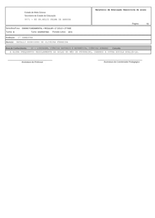 10
Relatório de Avaliação Descritiva do aluno
9571 - EE DR.HELIO PALMA DE ARRUDA
Estado de Mato Grosso
Secretaria de Estado de Educação
Página:
ENSINO FUNDAMENTAL > REGULAR > 2° CICLO > 2ª FASE
2013VESPERTINOB
Série/Ano/Fase:
Período Letivo:Turno:Turma:
1º SEMESTREAvaliação:
NATALLY RODRIGUES DE OLIVEIRA FERREIRAAluno(a):
22 - LINGUAGEM, CIÊNCIAS NATURAIS E MATEMÁTICA, CIÊNCIAS HUMANASÁrea de Conhecimento: Conceito:
A ALUNA FREQUENTOU REGULARMENTE AS AULAS NO MÊS DE FEVEREIRO, CABENDO A OUTRA ESCOLA AVALIÁ-LA.
Assinatura do Professor
________________________________________
Assinatura do Coordenador Pedagógico
________________________________________
 