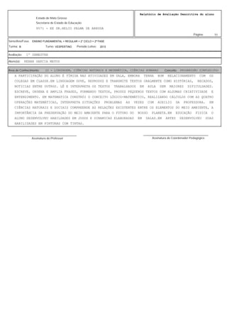11
Relatório de Avaliação Descritiva do aluno
9571 - EE DR.HELIO PALMA DE ARRUDA
Estado de Mato Grosso
Secretaria de Estado de Educação
Página:
ENSINO FUNDAMENTAL > REGULAR > 2° CICLO > 2ª FASE
2013VESPERTINOB
Série/Ano/Fase:
Período Letivo:Turno:Turma:
1º SEMESTREAvaliação:
RENAN GARCIA MATOSAluno(a):
22 - LINGUAGEM, CIÊNCIAS NATURAIS E MATEMÁTICA, CIÊNCIAS HUMANAS PROGRESSÃO SIMPLES(PS)Área de Conhecimento: Conceito:
A PARTICIPAÇÃO DO ALUNO É TÍMIDA NAS ATIVIDADES EM SALA, EMBORA TENHA BOM RELACIONAMENTO COM OS
COLEGAS EM CLASSE.EM LINGUAGEM OUVE, REPRODUZ E TRANSMITE TEXTOS ORALMENTE COMO HISTÓRIAS, RECADOS,
NOTICIAS ENTRE OUTROS. LÊ E INTERPRETA OS TEXTOS TRABALHADOS EM AULA SEM MAIORES DIFICULDADES.
ESCREVE, ORDENA E AMPLIA FRASES, FORMANDO TEXTOS, PRODUZ PEQUENOS TEXTOS COM ALGUMAS CRIATIVIDADE E
ENTENDIMENTO. EM MATEMATICA CONSTRÓI O CONCEITO LÓGICO-MATEMÁTICO, REALIZANDO CÁLCULOS COM AS QUATRO
OPERAÇÕES MATEMÁTICAS, INTERPRETA SITUAÇÕES PROBLEMAS AS VEZES COM AUXILIO DA PROFESSORA. EM
CIÊNCIAS NATURAIS E SOCIAIS COMPREENDE AS RELAÇÕES EXISTENTES ENTRE OS ELEMENTOS DO MEIO AMBIENTE, A
IMPORTÂNCIA DA PRESERVAÇÃO DO MEIO AMBIENTE PARA O FUTURO DO NOSSO PLANETA.EM EDUCAÇÃO FISICA O
ALUNO DESENVOLVEU HABILDADES EM JOGOS E DINAMICAS ELABORADAS EM SALAS.EM ARTES DESENVOLVEU SUAS
HABILIDADES EM PINTURAS COM TINTAS.
Assinatura do Professor
________________________________________
Assinatura do Coordenador Pedagógico
________________________________________
 