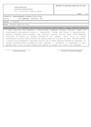 13
Relatório de Avaliação Descritiva do aluno
9571 - EE DR.HELIO PALMA DE ARRUDA
Estado de Mato Grosso
Secretaria de Estado de Educação
Página:
ENSINO FUNDAMENTAL > REGULAR > 2° CICLO > 2ª FASE
2013VESPERTINOB
Série/Ano/Fase:
Período Letivo:Turno:Turma:
1º SEMESTREAvaliação:
WILBERTH CAMPOS DA SILVAAluno(a):
22 - LINGUAGEM, CIÊNCIAS NATURAIS E MATEMÁTICA, CIÊNCIAS HUMANAS PROGRESSÃO SIMPLES(PS)Área de Conhecimento: Conceito:
O ALUNO PARTICIPA COM INTERESSE E PRODUTIVIDADE, DEMONSTRA ATITUDES CRÍTICAS DIANTE DE
ACONTECIMENTOS CONFLITANTES,É CRIATIVO E COMUNICATIVO, COOPERA COM COLEGAS E PROFESSORA.OUVE,
REPRODUZ E TRANSMITE TEXTOS ORALMENTE COMO HISTÓRIAS, RECADOS, NOTICIAS ENTRE OUTROS.DEMONSTRA
CURIOSIDADE EM RELAÇÃO AOS ASSUNTOS ESTUDADOS.LÊ COM FLUÊNCIA VÁRIOS TIPOS DE TEXTOS
INTERPRETANDO-OS,PRODUZ TEXTOS ESCRITOS COM CLAREZA,IDENTIFICA E ESCREVE SEU NOME COMPLETO.CONSTRÓI
O CONCEITO LÓGICO-MATEMÁTICO, REALIZANDO CÁLCULOS COM AS QUATRO OPERAÇÕES MATEMÁTICAS.COMPREENDE AS
RELAÇÕES EXISTENTES ENTRE OS ELEMENTOS DO MEIO AMBIENTE, A IMPORTÂNCIA DA PRESERVAÇÃO DO MEIO
AMBIENTE PARA O FUTURO DO NOSSO PLANETA.ADOTA HÁBITOS DE CUIDADOS COM O CORPO E COM O AMBIENTE.
Assinatura do Professor
________________________________________
Assinatura do Coordenador Pedagógico
________________________________________
 