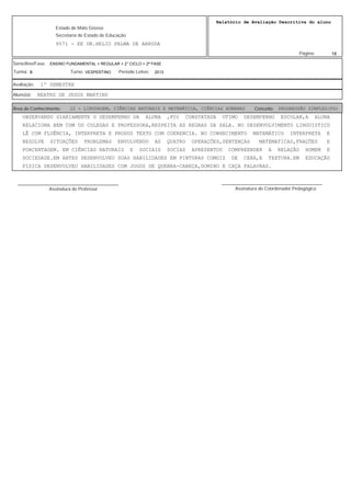 18
Relatório de Avaliação Descritiva do aluno
9571 - EE DR.HELIO PALMA DE ARRUDA
Estado de Mato Grosso
Secretaria de Estado de Educação
Página:
ENSINO FUNDAMENTAL > REGULAR > 2° CICLO > 2ª FASE
2013VESPERTINOB
Série/Ano/Fase:
Período Letivo:Turno:Turma:
1º SEMESTREAvaliação:
BEATRZ DE JESUS MARTINSAluno(a):
22 - LINGUAGEM, CIÊNCIAS NATURAIS E MATEMÁTICA, CIÊNCIAS HUMANAS PROGRESSÃO SIMPLES(PS)Área de Conhecimento: Conceito:
OBSERVANDO DIARIAMENTE O DESEMPENHO DA ALUNA ,FOI CONSTATADA OTIMO DESEMPENHO ESCOLAR,A ALUNA
RELACIONA BEM COM OS COLEGAS E PROFESSORA,RESPEITA AS REGRAS DA SALA. NO DESENVOLVIMENTO LINGUISTICO
LÊ COM FLUÊNCIA, INTERPRETA E PRODUZ TEXTO COM COERENCIA. NO CONHECIMENTO MATEMÁTICO INTERPRETA E
RESOLVE SITUAÇÕES PROBLEMAS ENVOLVENDO AS QUATRO OPERAÇÕES,SENTENÇAS MATEMATICAS,FRAÇÕES E
PORCENTAGEM. EM CIÊNCIAS NATURAIS E SOCIAIS SOCIAS APRESENTOU COMPREENDER A RELAÇÃO HOMEM E
SOCIEDADE.EM ARTES DESENVOLVEU SUAS HABILIDADES EM PINTURAS COMGIZ DE CERA,E TEXTURA.EM EDUCAÇÃO
FISICA DESENVOLVEU HABILIDADES COM JOGOS DE QUEBRA-CABEÇA,DOMINO E CAÇA PALAVRAS.
Assinatura do Professor
________________________________________
Assinatura do Coordenador Pedagógico
________________________________________
 