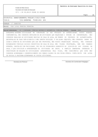23
Relatório de Avaliação Descritiva do aluno
9571 - EE DR.HELIO PALMA DE ARRUDA
Estado de Mato Grosso
Secretaria de Estado de Educação
Página:
ENSINO FUNDAMENTAL > REGULAR > 2° CICLO > 2ª FASE
2013VESPERTINOB
Série/Ano/Fase:
Período Letivo:Turno:Turma:
1º SEMESTREAvaliação:
JOAO LUCAS PEREIRA FERREIRAAluno(a):
22 - LINGUAGEM, CIÊNCIAS NATURAIS E MATEMÁTICA, CIÊNCIAS HUMANAS PASEÁrea de Conhecimento: Conceito:
APRESENTA EXTREMA DIFICULDADE NA CONSTRUÇÃO DO SEU PROCESSO DE APRENDIZAGEM. POSSUI ATENÇÃO
COMPROMETIDA, NÃO CONSEGUE ENVOLVER-SE EM ATIVIDADES QUE REQUEIRAM O MÍNIMO DE CONCENTRAÇÃO. NÃO
CONSEGUE REALIZAR AS ATIVIDADES BÁSICAS DE SALA DE AULA, EM TERMOS DO PROCESSO DE ALFABETIZAÇÃO,
ENCONTRA-SE NA FASE PRÉ-SILÁBICA E NÃO DENOTA EVOLUÇÃO. É UM ALUNO INQUIETO, NÃO CONSEGUE PARAR NO
LUGAR E ATER-SE ÀS ATIVIDADES QUE LHE SÃO PROPOSTAS, NÃO POSSUI ORGANIZAÇÃO PESSOAL, NÃO CONSEGUE
ESTABELECER VÍNCULOS SOCIAIS PRODUTIVOS EM SALA DE AULA. NÃO TOLERA FRUSTRAÇÃO, NEM SER CHAMADO
ATENÇÃO, IRRITA-SE COM FACILIDADE. FAZ USO DE VOCABULÁRIO AGRESSIVO AO DIRIGIR-SE AOS COLEGAS DA
SALA, O QUE DIFICULTA A APRESENTAÇÃO DE ATIVIDADES EM GRUPO. A FAMÍLIA DEMONSTRA INTERESSE E
PREOCUPAÇÃO EM RELAÇÃO ÀS DIFICULDADES APRESENTADAS PELO FILHO, TÊM CONSCIÊNCIA QUE ESTE NÃO
CONSEGUE ACOMPANHAR O DESENVOLVIMENTO DOS DEMAIS ALUNOS DA SUA FAIXA ETÁRIA. CONTA MUITO COM AJUDA
DA ESCOLA E PROCURAM ACOMPANHAR AS POUCAS ATIVIDADES.
Assinatura do Professor
________________________________________
Assinatura do Coordenador Pedagógico
________________________________________
 