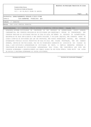 23
Relatório de Avaliação Descritiva do aluno
9571 - EE DR.HELIO PALMA DE ARRUDA
Estado de Mato Grosso
Secretaria de Estad...