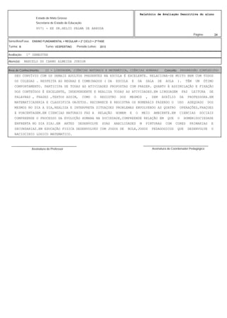 24
Relatório de Avaliação Descritiva do aluno
9571 - EE DR.HELIO PALMA DE ARRUDA
Estado de Mato Grosso
Secretaria de Estado de Educação
Página:
ENSINO FUNDAMENTAL > REGULAR > 2° CICLO > 2ª FASE
2013VESPERTINOB
Série/Ano/Fase:
Período Letivo:Turno:Turma:
1º SEMESTREAvaliação:
MARCELO DO CARMO ALMEIDA JUNIORAluno(a):
22 - LINGUAGEM, CIÊNCIAS NATURAIS E MATEMÁTICA, CIÊNCIAS HUMANAS PROGRESSÃO SIMPLES(PS)Área de Conhecimento: Conceito:
SEU CONVÍVIO COM OS DEMAIS ADULTOS PRESENTES NA ESCOLA É EXCELENTE. RELACIONA-SE MUITO BEM COM TODOS
OS COLEGAS . RESPEITA AS REGRAS E COMBINADOS ( DA ESCOLA E DA SALA DE AULA ). TÊM UM ÓTIMO
COMPORTAMENTO. PARTICIPA DE TODAS AS ATIVIDADES PROPOSTAS COM PRAZER. QUANTO À ASSIMILAÇÃO E FIXAÇÃO
DOS CONTEÚDOS É EXCELENTE, INDEPENDENTE E REALIZA TODAS AS ATIVIDADES.EM LINGUAGEM FAZ LEITURA DE
PALAVRAS , FRASES ,TEXTOS ASSIM, COMO O REGISTRO DOS MESMOS , SEM AUXÍLIO DA PROFESSORA.EM
MATEMATICASERIA E CLASSIFICA OBJETOS. RECONHECE E REGISTRA OS NUMERAIS FAZENDO O USO ADEQUADO DOS
MESMOS NO DIA A DIA,REALIZA E INTERPRETA SITUAÇOES PROBLEMAS ENVOLVENDO AS QUATRO OPERAÇÕES,FRAÇOES
E PORCENTAGEM.EM CIENCIAS NATURAIS FAZ A RELAÇÃO HOMEM E O MEIO AMBIENTE.EM CIENCIAS SOCIAIS
COMPREENDE O PROCESSO DA EVOLUÇÃO HUMANA NA SOCIEDADE,COMPREENDE RELAÇÃO EM QUE O HOMEM(SOCIEDADE
ENFRENTA NO DIA DIA).EM ARTES DESENVOLVE SUAS HABILIDADES M PINTURAS COM CORES PRIMARIAS E
SECUNDARIAS.EM EDUCAÇÃO FISICA DESENVOLVEU COM JOGOS DE BOLA,JOGOS PEDAGOGICOS QUE DESENVOLVE O
RACIOCINIO LOGICO MATEMATICO.
Assinatura do Professor
________________________________________
Assinatura do Coordenador Pedagógico
________________________________________
 