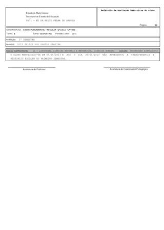 28
Relatório de Avaliação Descritiva do aluno
9571 - EE DR.HELIO PALMA DE ARRUDA
Estado de Mato Grosso
Secretaria de Estado de Educação
Página:
ENSINO FUNDAMENTAL > REGULAR > 2° CICLO > 2ª FASE
2013VESPERTINOB
Série/Ano/Fase:
Período Letivo:Turno:Turma:
1º SEMESTREAvaliação:
LUIZ FELIPE DOS SANTOS PEREIRAAluno(a):
22 - LINGUAGEM, CIÊNCIAS NATURAIS E MATEMÁTICA, CIÊNCIAS HUMANAS PROGRESSÃO SIMPLES(PS)Área de Conhecimento: Conceito:
O ALUNO MATRICULOU-SE EM 05/08/2013 E ATÉ O DIA 30/01/2013 NÃO APRESENTOU A TRANSFERENCIA E
HISTORICO ESCOLAR DO PRIMEIRO SEMESTRE.
Assinatura do Professor
________________________________________
Assinatura do Coordenador Pedagógico
________________________________________
 