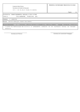 31
Relatório de Avaliação Descritiva do aluno
9571 - EE DR.HELIO PALMA DE ARRUDA
Estado de Mato Grosso
Secretaria de Estado de Educação
Página:
ENSINO FUNDAMENTAL > REGULAR > 2° CICLO > 2ª FASE
2013VESPERTINOB
Série/Ano/Fase:
Período Letivo:Turno:Turma:
1º SEMESTREAvaliação:
MAYCON HENRIQUE SOARES NASCIMENTOAluno(a):
22 - LINGUAGEM, CIÊNCIAS NATURAIS E MATEMÁTICA, CIÊNCIAS HUMANAS PROGRESSÃO SIMPLES(PS)Área de Conhecimento: Conceito:
O ALUNO FOI MATRICULADO EM 16/10/13 E APRESENTOU CONCEITO PS NO HISTORICO ESCOLA DA UNIDADE
ANTERIOR.
Assinatura do Professor
________________________________________
Assinatura do Coordenador Pedagógico
________________________________________
 