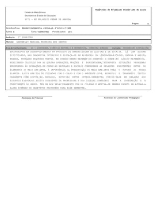 5
Relatório de Avaliação Descritiva do aluno
9571 - EE DR.HELIO PALMA DE ARRUDA
Estado de Mato Grosso
Secretaria de Estado de Educação
Página:
ENSINO FUNDAMENTAL > REGULAR > 2° CICLO > 2ª FASE
2013VESPERTINOB
Série/Ano/Fase:
Período Letivo:Turno:Turma:
1º SEMESTREAvaliação:
GABRIELLY MARIANA PEDREIRA DOS SANTOSAluno(a):
22 - LINGUAGEM, CIÊNCIAS NATURAIS E MATEMÁTICA, CIÊNCIAS HUMANAS PROGRESSÃO SIMPLES(PS)Área de Conhecimento: Conceito:
ENCONTRA-SE EM DESENVOLVIMENTO NO PROCESSO DE APRENDIZAGEM DA LEITURA E DA ESCRITA. LÊ COM ALGUMA
DIFICULDADE, MAS DEMONSTRA INTERESSE E ESFORÇA-SE EM APRENDER. EM LINGUAGEM:ESCREVE, ORDENA E AMPLIA
FRASES, FORMANDO PEQUENOS TEXTOS. NO CONHECIMENTO MATEMÁTICO CONSTRÓI O CONCEITO LÓGICO-MATEMÁTICO,
REALIZANDO CÁLCULOS COM AS QUATRO OPERAÇÕES,FRAÇÕES E PORCENTAGEM,INTERPRETA SITUAÇÕES PROBLEMAS
ENVONVENDO AS OPERAÇÕES.EM CIENCIAS NATURAIS E SOCIAIS COMPREENDE AS RELAÇÕES EXISTENTES ENTRE OS
ELEMENTOS DO MEIO AMBIENTE, A IMPORTÂNCIA DA PRESERVAÇÃO DO MEIO AMBIENTE PARA O FUTURO DO NOSSO
PLANETA. ADOTA HÁBITOS DE CUIDADOS COM O CORPO E COM O AMBIENTE.OUVE, REPRODUZ E TRANSMITE TEXTOS
ORALMENTE COMO HISTÓRIAS, RECADOS, NOTICIAS ENTRE OUTROS.DEMONSTRA CURIOSIDADE EM RELAÇÃO AOS
ASSUNTOS ESTUDADOS.ACEITA SUGESTÕES DA PROFESSORA E DOS COLEGAS.CONTRIBUI PARA A INTEGRAÇÃO E O
CRESCIMENTO DO GRUPO. TEM UM BOM RELACIONAMENTO COM OS COLEGAS E MOSTRA-SE SEMPRE PRONTO EM AJUDAR.A
ALUNA ATINGIU OS OBJETIVOS PROPOSTOS PARA ESSE SEMESTRE.
Assinatura do Professor
________________________________________
Assinatura do Coordenador Pedagógico
________________________________________
 