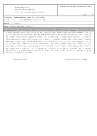 7
Relatório de Avaliação Descritiva do aluno
9571 - EE DR.HELIO PALMA DE ARRUDA
Estado de Mato Grosso
Secretaria de Estado de Educação
Página:
ENSINO FUNDAMENTAL > REGULAR > 2° CICLO > 2ª FASE
2013VESPERTINOB
Série/Ano/Fase:
Período Letivo:Turno:Turma:
1º SEMESTREAvaliação:
KAILANY FAGUNDES DE FREITASAluno(a):
22 - LINGUAGEM, CIÊNCIAS NATURAIS E MATEMÁTICA, CIÊNCIAS HUMANAS PROGRESSÃO SIMPLES(PS)Área de Conhecimento: Conceito:
A ALUNA TEM UMA PARTICIPAÇÃO TÍMIDA NAS ATIVIDADES EM SALA, EMBORA TENHA BOM RELACIONAMENTO COM OS
COLEGAS EM CLASSE.EM LINGUAGEM APRESENTA BOM DESENVOLVIMENTO NO PROCESSO DE AQUISIÇÃO DA LEITURA E
DA ESCRITA,PRODUZ FRASES E PEQUENOS TEXTOS COM CRIATIVIDADE E ENTENDIMENTO.CONSTRÓI O CONCEITO
LÓGICO-MATEMÁTICO, REALIZANDO CÁLCULOS COM AS QUATRO OPERAÇÕES MATEMÁTICAS ,INTERPRETA SITUAÇÕES
PROBLEMAS,FRAÇÃO E PORCENTAGEM COM ALGUMAS DIFICULDADE NECESSITANDO DE AUXILIO DA PROFESSORA OU DE
COLEGAS.EM CIÊNCIAS NATURAIS E SOCIAIS COMPREENDE AS RELAÇÕES EXISTENTES ENTRE OS ELEMENTOS DO MEIO
AMBIENTE, A IMPORTÂNCIA DA PRESERVAÇÃO DO MEIO AMBIENTE PARA O FUTURO DO NOSSO PLANETA.ADOTA HÁBITOS
DE CUIDADOS COM O CORPO E COM O AMBIENTE.É CUIDADOSA E RÁPIDA NA EXECUÇÃO DAS ATIVIDADES
DESENVOLVIDAS. A ALUNA SEMPRE ASSIDUA NAS ATIVIDADES DE SALA E DE CASA,NESSE SEMESTRE A ALUNA
ALCANÇOU OS OBJETIVOS PROPOSTOS.
Assinatura do Professor
________________________________________
Assinatura do Coordenador Pedagógico
________________________________________
 