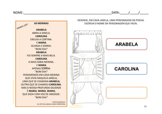 AS MENINAS
ARABELA
ABRIA A JANELA.
CAROLINA
ERGUIA A CORTINA.
E MARIA
OLHAVA E SORRIA:
"BOM DIA!"
ARABELA
FOI SEMPRE A MAIS BELA.
CAROLINA
A MAIS SÁBIA MENINA.
E MARIA
APENAS SORRIA:
"BOM DIA!"
PENSAREMOS EM CADA MENINA
QUE VIVIA NAQUELA JANELA;
UMA QUE SE CHAMAVA ARABELA,
OUTRA QUE SE CHAMOU CAROLINA.
MAS A NOSSA PROFUNDA SAUDADE
É MARIA, MARIA, MARIA,
QUE DIZIA COM VOZ DE AMIZADE:
"BOM DIA!"
CECÍLIA MEIRELES.
OU ISTO OU AQUILO, NOVA FRONTEIRA.
http://www.ecolenet.nl/tellme/poesia/meninas.htm
DESENHE, EM CADA JANELA, UMA PERSONAGEM DA POESIA.
ESCREVA O NOME DA PERSONAGEM QUE FALTA.
clccphd.blogspot.com
gifsedesenhos.blogspot.com
ARABELA
CAROLINA
NOME:___________________________________________________DATA:_____/_____/_____
21
 