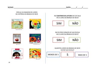 dgabc.com.br
bebestore.com.br
2ilivros.com.br
livrariaresposta.com.br
portaldoprofessor.mec.gov
CIRCULE AS IMAGENS DE LIVROS
DA HISTÓRIA DE BRANCA DE NEVE
livrariascuritiba.com.br
NO CANTINHO DE LEITURA DA SUA SALA
HÁ O LIVRO DA BRANCA DE NEVE?
NÃOSIM
EM OUTROS ESPAÇOS DE SUA ESCOLA
HÁ O LIVRO DA BRANCA DE NEVE?
NÃOSIM
QUANTOS LIVROS DA BRANCA DE NEVE
HÁ EM SUA ESCOLA?
5MENOS DE 5 MAIS DE 5
NOME:___________________________________________________DATA:_____/_____/_____
28
 