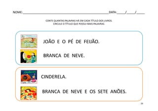 CONTE QUANTAS PALAVRAS HÁ EM CADA TÍTULO DOS LIVROS.
CIRCULE O TÍTULO QUE POSSUI MAIS PALAVRAS.
JOÃO E O PÉ DE FEIJÃO.
BRANCA DE NEVE.
CINDERELA.
BRANCA DE NEVE E OS SETE ANÕES.
NOME:___________________________________________________DATA:_____/_____/_____
29
 