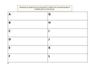 A G
B H
C I
D J
E K
F L
ORGANIZE OS NOMES DE SEUS COLEGAS DE TURMA E DE SUA PROFESSORA DE
ACORDO COM A LETRA INICIAL.
36
 