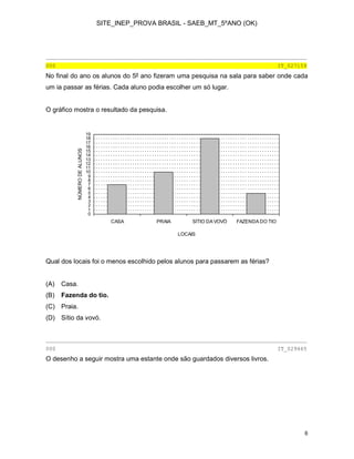 SITE_INEP_PROVA BRASIL - SAEB_MT_5ºANO (OK)
6
________________________________________________________________________________
000 IT_027159
No final do ano os alunos do 5º ano fizeram uma pesquisa na sala para saber onde cada
um ia passar as férias. Cada aluno podia escolher um só lugar.
O gráfico mostra o resultado da pesquisa.
0
1
2
3
4
5
6
7
8
9
10
11
12
13
14
15
16
17
18
19
CASA PRAIA SÍTIO DA VOVÓ FAZENDA DO TIO
LOCAIS
NÚMERODEALUNOS
Qual dos locais foi o menos escolhido pelos alunos para passarem as férias?
(A) Casa.
(B) Fazenda do tio.
(C) Praia.
(D) Sítio da vovó.
________________________________________________________________________________
000 IT_029465
O desenho a seguir mostra uma estante onde são guardados diversos livros.
 
