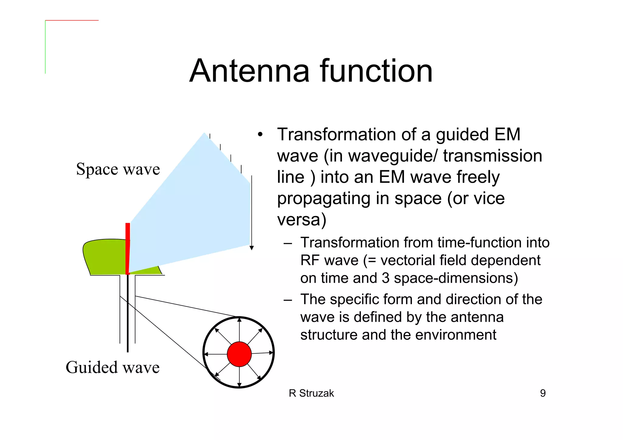 R Struzak 9
Antenna function
• Transformation of a guided EM
wave (in waveguide/ transmission
line ) into an EM wave freely
propagating in space (or vice
versa)
– Transformation from time-function into
RF wave (= vectorial field dependent
on time and 3 space-dimensions)
– The specific form and direction of the
wave is defined by the antenna
structure and the environment
Space wave
Guided wave
 