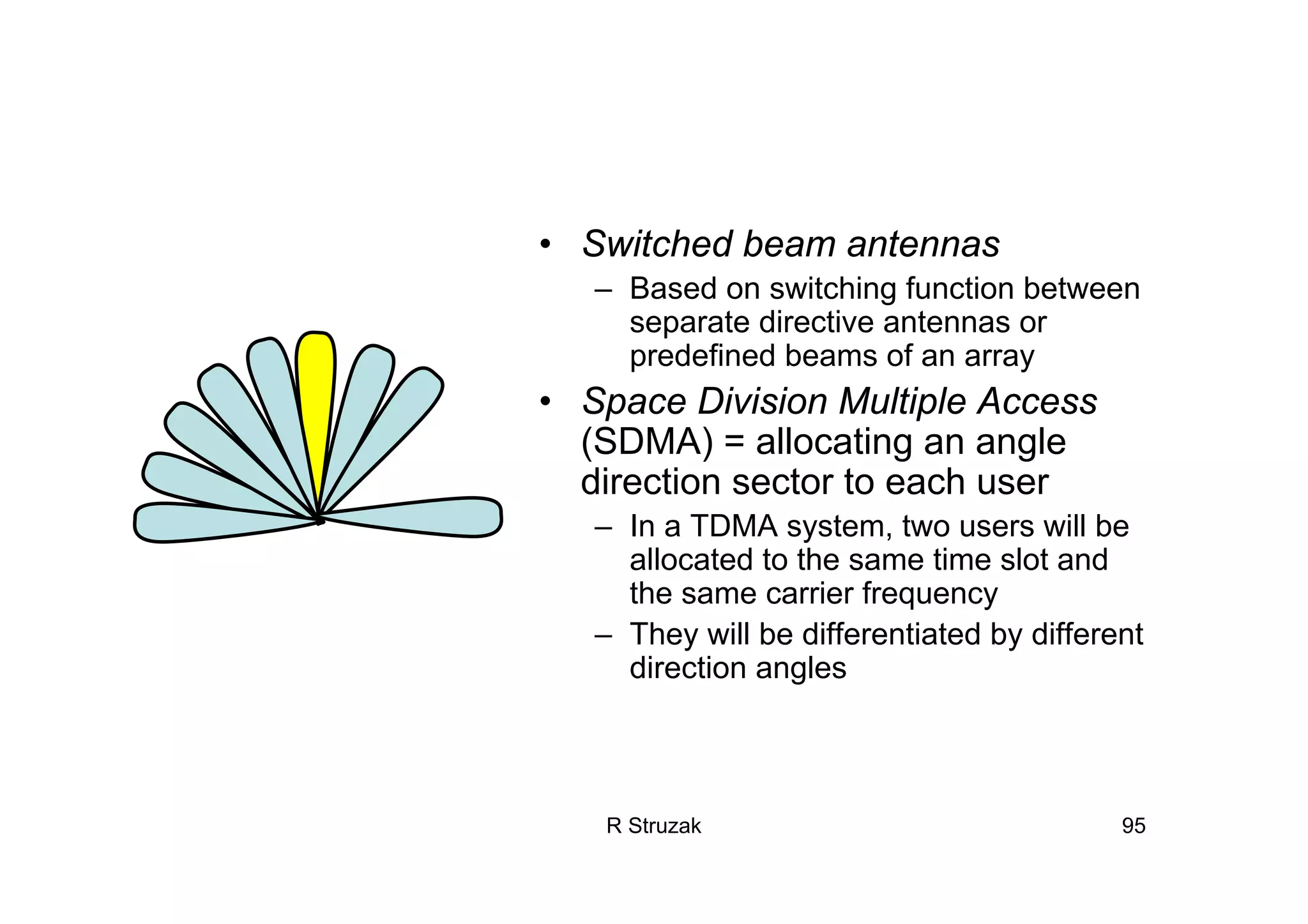 R Struzak 95
• Switched beam antennas
– Based on switching function between
separate directive antennas or
predefined beams of an array
• Space Division Multiple Access
(SDMA) = allocating an angle
direction sector to each user
– In a TDMA system, two users will be
allocated to the same time slot and
the same carrier frequency
– They will be differentiated by different
direction angles
 