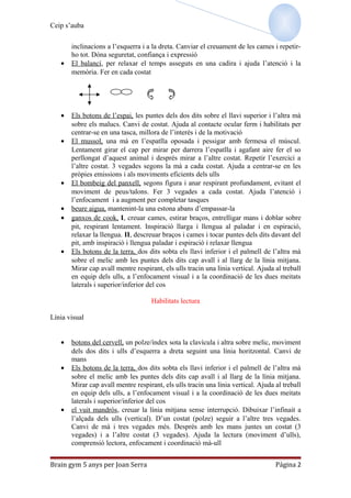 Ceip s’auba
inclinacions a l’esquerra i a la dreta. Canviar el creuament de les cames i repetir-
ho tot. Dóna seguretat, confiança i expressió
• El balancí, per relaxar el temps asseguts en una cadira i ajuda l’atenció i la
memòria. Fer en cada costat
• Els botons de l’espai, les puntes dels dos dits sobre el llavi superior i l’altra mà
sobre els malucs. Canvi de costat. Ajuda al contacte ocular ferm i habilitats per
centrar-se en una tasca, millora de l’interès i de la motivació
• El mussol, una mà en l’espatlla oposada i pessigar amb fermesa el múscul.
Lentament girar el cap per mirar per darrera l’espatlla i agafant aire fer el so
perllongat d’aquest animal i després mirar a l’altre costat. Repetir l’exercici a
l’altre costat. 3 vegades segons la mà a cada costat. Ajuda a centrar-se en les
pròpies emissions i als moviments eficients dels ulls
• El bombeig del panxell, segons figura i anar respirant profundament, evitant el
moviment de peus/talons. Fer 3 vegades a cada costat. Ajuda l’atenció i
l’enfocament i a augment per completar tasques
• beure aigua, mantenint-la una estona abans d’empassar-la
• ganxos de cook, I, creuar cames, estirar braços, entrelligar mans i doblar sobre
pit, respirant lentament. Inspiració llarga i llengua al paladar i en espiració,
relaxar la llengua. II, descreuar braços i cames i tocar puntes dels dits davant del
pit, amb inspiració i llengua paladar i espiració i relaxar llengua
• Els botons de la terra, dos dits sobta els llavi inferior i el palmell de l’altra mà
sobre el melic amb les puntes dels dits cap avall i al llarg de la línia mitjana.
Mirar cap avall mentre respirant, els ulls tracin una línia vertical. Ajuda al treball
en equip dels ulls, a l’enfocament visual i a la coordinació de les dues meitats
laterals i superior/inferior del cos
Habilitats lectura
Línia visual
• botons del cervell, un polze/índex sota la clavícula i altra sobre melic, moviment
dels dos dits i ulls d’esquerra a dreta seguint una línia horitzontal. Canvi de
mans
• Els botons de la terra, dos dits sobta els llavi inferior i el palmell de l’altra mà
sobre el melic amb les puntes dels dits cap avall i al llarg de la línia mitjana.
Mirar cap avall mentre respirant, els ulls tracin una línia vertical. Ajuda al treball
en equip dels ulls, a l’enfocament visual i a la coordinació de les dues meitats
laterals i superior/inferior del cos
• el vuit mandrós, creuar la línia mitjana sense interrupció. Dibuixar l’infinait a
l’alçada dels ulls (vertical). D’un costat (polze) seguir a l’altre tres vegades.
Canvi de mà i tres vegades més. Després amb les mans juntes un costat (3
vegades) i a l’altre costat (3 vegades). Ajuda la lectura (moviment d’ulls),
comprensió lectora, enfocament i coordinació mà-ull
Brain gym 5 anys per Joan Serra Página 2
 
