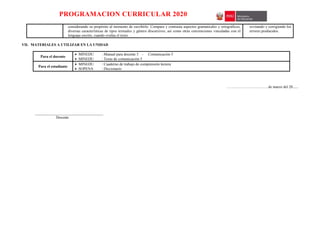 PROGRAMACION CURRICULAR 2020
considerando su propósito al momento de escribirlo. Compara y contrasta aspectos gramaticales y ortográficos,
diversas características de tipos textuales y género discursivos, así como otras convenciones vinculadas con el
lenguaje escrito, cuando evalúa el texto
revisando y corrigiendo los
errores producidos.
VII. MATERIALES A UTILIZAR EN LA UNIDAD
Para el docente
 MINEDU : Manual para docente 5 - Comunicación 5
 MINEDU : Texto de comunicación 5
Para el estudiante
 MINEDU : Cuaderno de trabajo de comprensión lectora
 SOPENA : Diccionario
……………………………de marzo del 20......
____________________________________
Docente
 