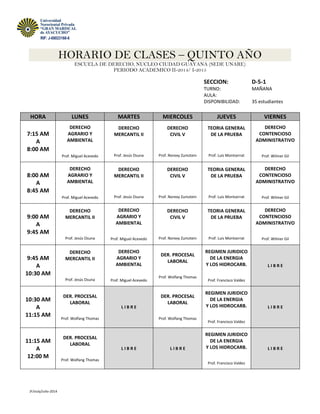 HORARIO DE CLASES – QUINTO AÑO
ESCUELA DE DERECHO, NUCLEO CIUDAD GUAYANA (SEDE UNARE)
PERIODO ACADEMICO II-2014/ I-2015
JF/siuly/Julio-2014
RIF: J-08023168-6
SECCION: D-5-1
TURNO: MAÑANA
AULA:
DISPONIBILIDAD: 35 estudiantes
HORA LUNES MARTES MIERCOLES JUEVES VIERNES
7:15 AM
A
8:00 AM
DERECHO
AGRARIO Y
AMBIENTAL
Prof. Miguel Acevedo
DERECHO
MERCANTIL II
Prof. Jesús Osuna
DERECHO
CIVIL V
Prof. Norexy Zumztein
TEORIA GENERAL
DE LA PRUEBA
Prof. Luis Montserrat
DERECHO
CONTENCIOSO
ADMINISTRATIVO
Prof. Wilmer Gil
8:00 AM
A
8:45 AM
DERECHO
AGRARIO Y
AMBIENTAL
Prof. Miguel Acevedo
DERECHO
MERCANTIL II
Prof. Jesús Osuna
DERECHO
CIVIL V
Prof. Norexy Zumztein
TEORIA GENERAL
DE LA PRUEBA
Prof. Luis Montserrat
DERECHO
CONTENCIOSO
ADMINISTRATIVO
Prof. Wilmer Gil
9:00 AM
A
9:45 AM
DERECHO
MERCANTIL II
Prof. Jesús Osuna
DERECHO
AGRARIO Y
AMBIENTAL
Prof. Miguel Acevedo
DERECHO
CIVIL V
Prof. Norexy Zumztein
TEORIA GENERAL
DE LA PRUEBA
Prof. Luis Montserrat
DERECHO
CONTENCIOSO
ADMINISTRATIVO
Prof. Wilmer Gil
9:45 AM
A
10:30 AM
DERECHO
MERCANTIL II
Prof. Jesús Osuna
DERECHO
AGRARIO Y
AMBIENTAL
Prof. Miguel Acevedo
DER. PROCESAL
LABORAL
Prof. Wolfang Thomas
REGIMEN JURIDICO
DE LA ENERGIA
Y LOS HIDROCARB.
Prof. Francisco Valdez
L I B R E
10:30 AM
A
11:15 AM
DER. PROCESAL
LABORAL
Prof. Wolfang Thomas
L I B R E
DER. PROCESAL
LABORAL
Prof. Wolfang Thomas
REGIMEN JURIDICO
DE LA ENERGIA
Y LOS HIDROCARB.
Prof. Francisco Valdez
L I B R E
11:15 AM
A
12:00 M
DER. PROCESAL
LABORAL
Prof. Wolfang Thomas
L I B R E L I B R E
REGIMEN JURIDICO
DE LA ENERGIA
Y LOS HIDROCARB.
Prof. Francisco Valdez
L I B R E
 