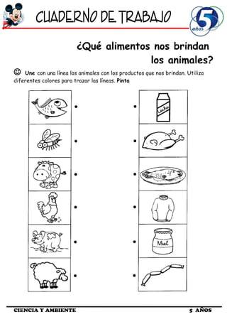 ¿Qué alimentos nos brindan
los animales?
 Une con una línea los animales con los productos que nos brindan. Utiliza
diferentes colores para trazar las líneas. Pinta
CIENCIA Y AMBIENTE 5 AÑOS
 